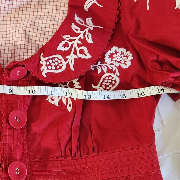 Anthropologie Elevenses Size 6 Red Embroidered Short Sleeve Shirtwaist - Picture 4 of 9